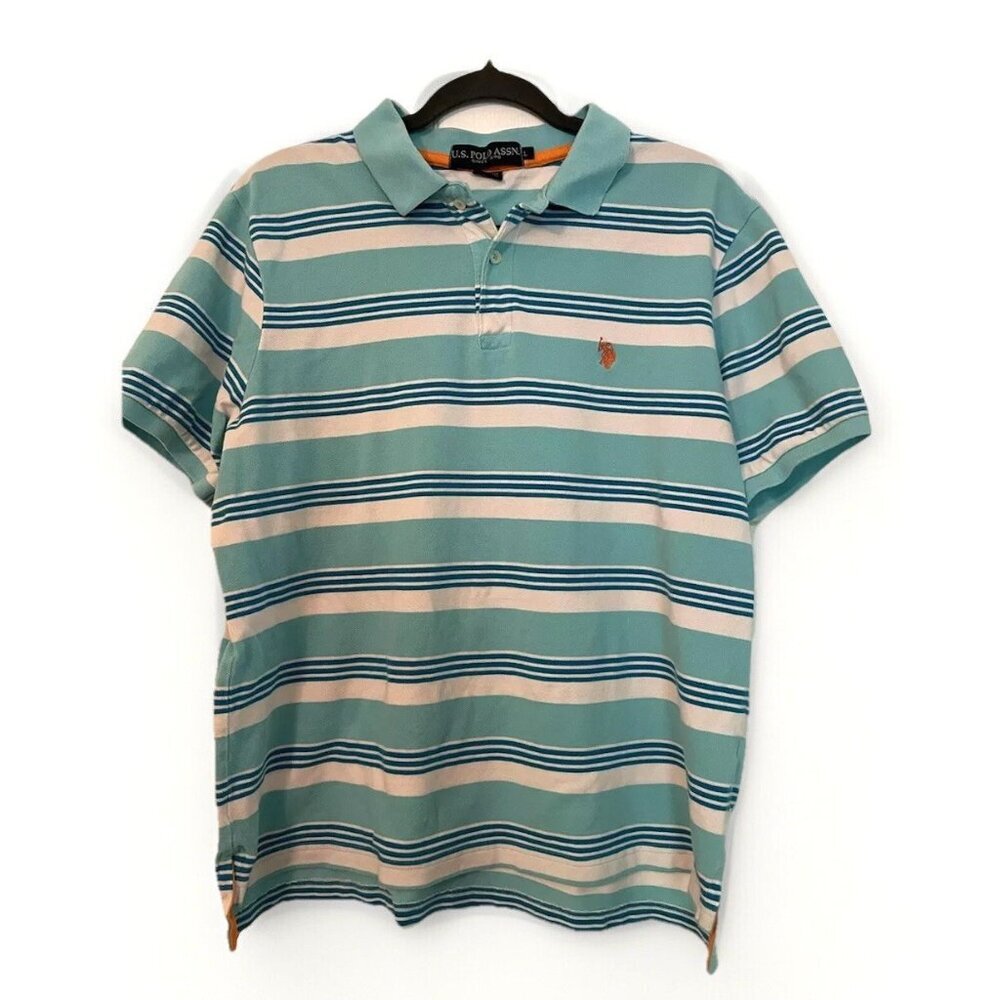 US Polo‎ Assn Polo Shirt Mens Large  Blue White Stripe Knit Pony Golf Cotton